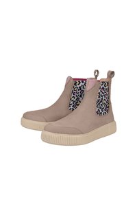 Brune ankelstøvler med en blød suede-finish, leopardmønsterede detaljer på sidepanelerne og lyserød kant. Gummisåler med ribbet tekstur for bedre greb.