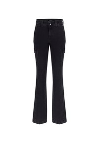 Pantalons cargo en denim noir avec une coupe évasée, deux poches latérales et une taille mi-haute. Texture lisse avec une disposition classique à cinq poches.