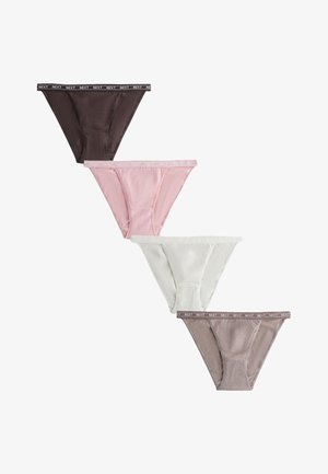 Vier Damen-Bikini-Unterhosen in Schwarz, Pink, Weiß und Beige, jeweils mit einem Bund mit der Markenaufschrift "NEXT."