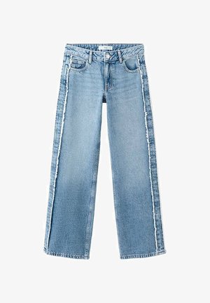 Svetlomodré riflové nohavice s dizajnom so širokými nohavicami, surovými lemami pozdĺž bočných švov a klasickým usporiadaním piatich vreciek.