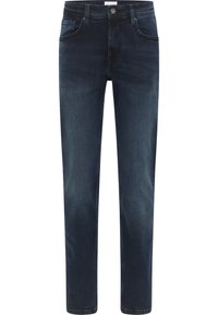 Jeans de mezclilla azul oscuro con diseño de pierna recta, que cuentan con cinco bolsillos y un cierre de botón de metal. Textura suave con un ligero desvanecimiento.
