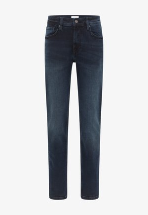 Sötétkék farmernadrág egyenes lábbal, öt zsebbel és fémből készült gombzárral. Egyenletes textúra, enyhe fakulással.