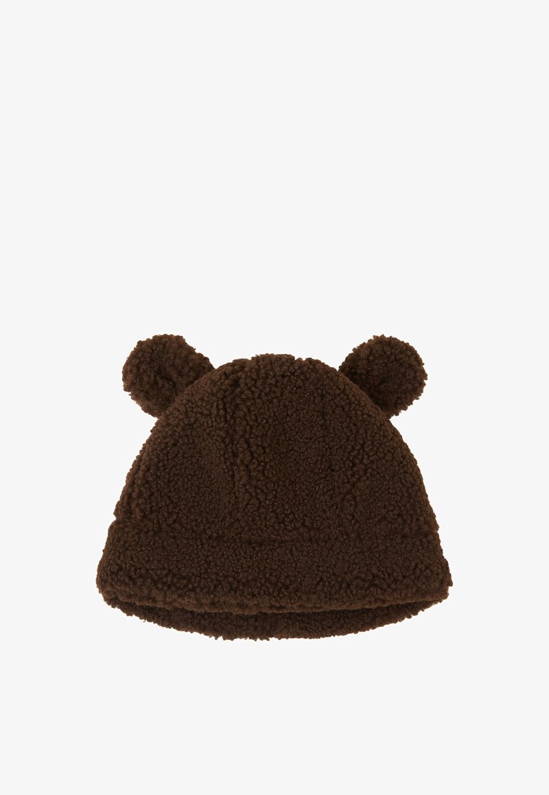 Bruine fleece muts met twee ronde oortjes bovenop. Zachte textuur en ronde vorm, ontworpen om het hoofd comfortabel te bedekken.