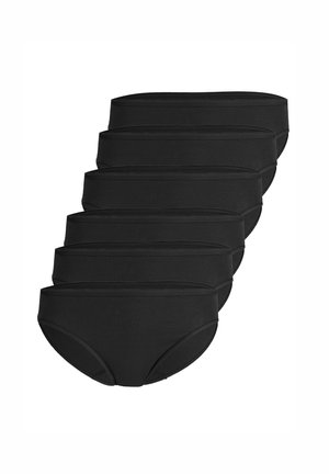 Six plain black brief-style underwear arranged in a staggered stack on a white background.