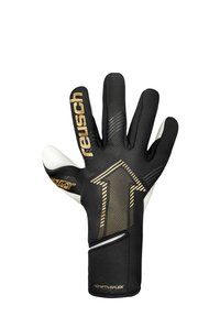 Schwarze Torwarthandschuhe mit goldenen Akzenten, strukturierter Oberfläche und anpassungsfähigem Sitz. Enthalten einen weißen Handgelenksbund und ein Muster aus aufwärts gerichteten Pfeilen.