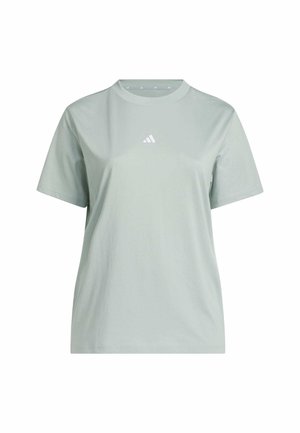 T-shirt grigio chiaro a maniche corte con scollo a girocollo e logo Adidas al centro del petto, mostrata su sfondo bianco.