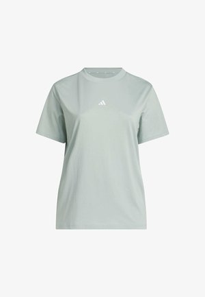 T-shirt grigio chiaro a maniche corte con scollo a girocollo e logo Adidas al centro del petto, mostrata su sfondo bianco.