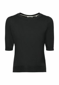 Pull tricot noir à manches courtes avec encolure ronde et ourlet et poignets côtelés, présenté sur un fond blanc.
