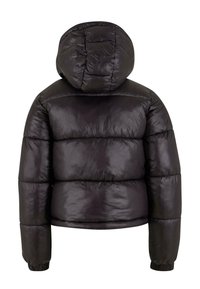 Giubbotto imbottito nero con cappuccio, caratterizzato da un design lucido e trapuntato. Include polsini elastici e una silhouette corta.