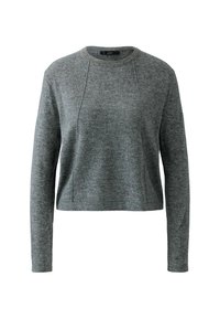 Grauer, langärmliger, verkürzter Pullover mit einer perlenbesetzten Rundhalsausschnitt und Nahtdetails auf der Vorderseite.