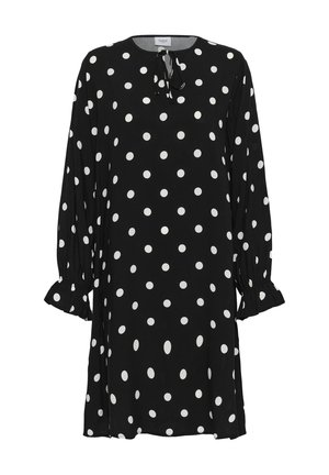 Must valgade täppidega pikkade varrukatega kleit, millel on läätsedega mansetid ja väike lips ümmarguse kaelusega.