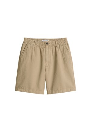 Beige casual shorts met elastische tailleband, knoop aan de voorkant, riemlussen, zijzakken en een label aan de binnenkant van de tailleband.