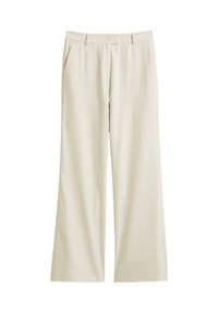 Beige wijde broek met een gladde textuur, voorzien van zakken aan de voorkant en een tailleband. Formele uitstraling, geschikt voor verschillende gelegenheden.