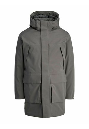 Gray waterproof jacket featuring a high collar, front zipper, large front pockets, and a minimalist design. Soft texture and structured shape.