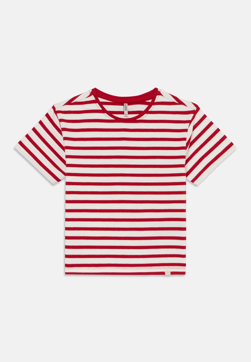 Camiseta de rayas rojas y blancas con cuello redondo y mangas cortas, fabricada en suave tela de algodón. Etiqueta en la esquina inferior derecha.