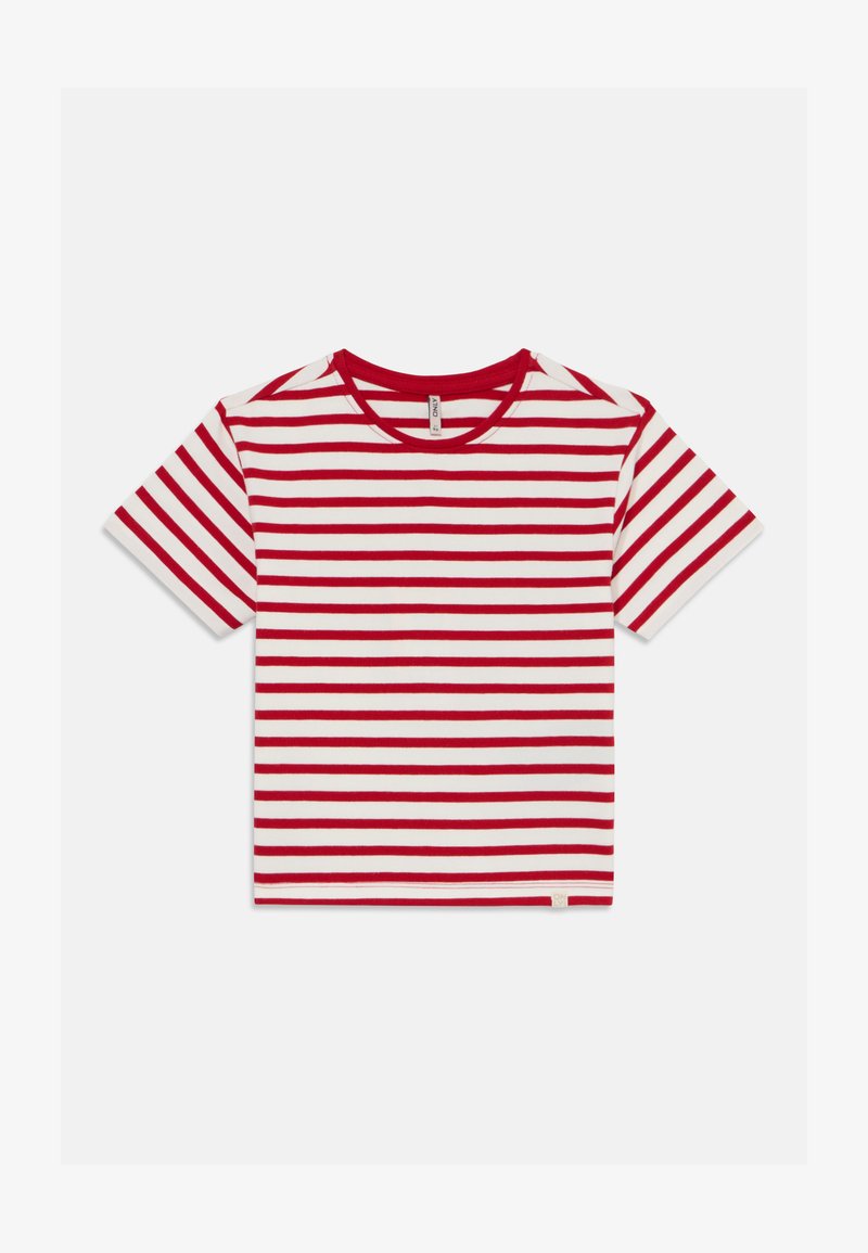 Rød og hvit stripet t-skjorte med rund hals og kortermede, laget av myk bomull.