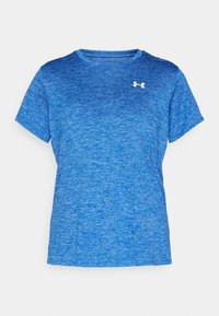 Blue athletic t-shirt made of textured fabric, featuring a crew neckline and short sleeves, with a white logo on the upper left.