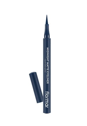 Flormar Midnight Matte liquid eyeliner with fine brush tip and removed cap, navy blue pen-style container on white background.