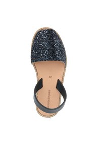 Glittery black and blue sandal featuring a flat sole, open toe, and a broad black ankle strap with a textured inner lining. Size 38.