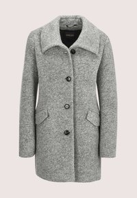 Grijze wollen damesjas met grote kraag, vier zwarte knopen en twee klepzakken aan de voorkant, knielange stijl.