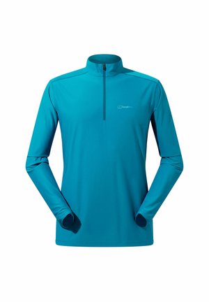 Türkiser Langarm-Pullover mit einem halben Reißverschluss, der ein figurbetontes Design und Daumenlöcher an den Bündchen aufweist. Leicht und mit glatter Textur.