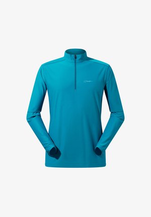 Türkiser Langarm-Pullover mit einem halben Reißverschluss, der ein figurbetontes Design und Daumenlöcher an den Bündchen aufweist. Leicht und mit glatter Textur.