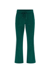 Pantaloni sportivi verdi con motivo, dotati di vita con coulisse, gambe svasate e strisce laterali bianche a contrasto. Tessuto morbido e design informale.
