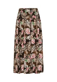 Blomstrede maxi nederdel med elastisk talje, brun baggrund og et mønster af lyserøde og grønne blomster i strikket stof.