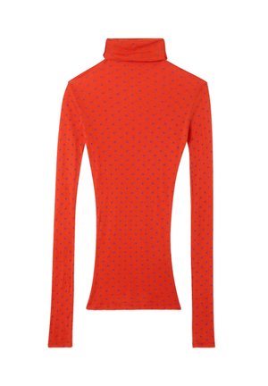 Úzky dlhý rukáv s rolákom v jasne oranžovej farbe s malými fialovými bodkami, vystavený vodorovne s chrbtom nahor.