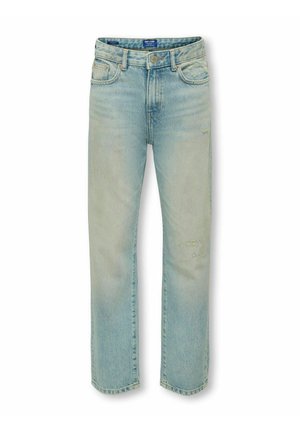 Jeans en denim bleu clair, coupe droite, avec un effet délavé et des détails légèrement effilochés au niveau des genoux. Style standard à cinq poches.