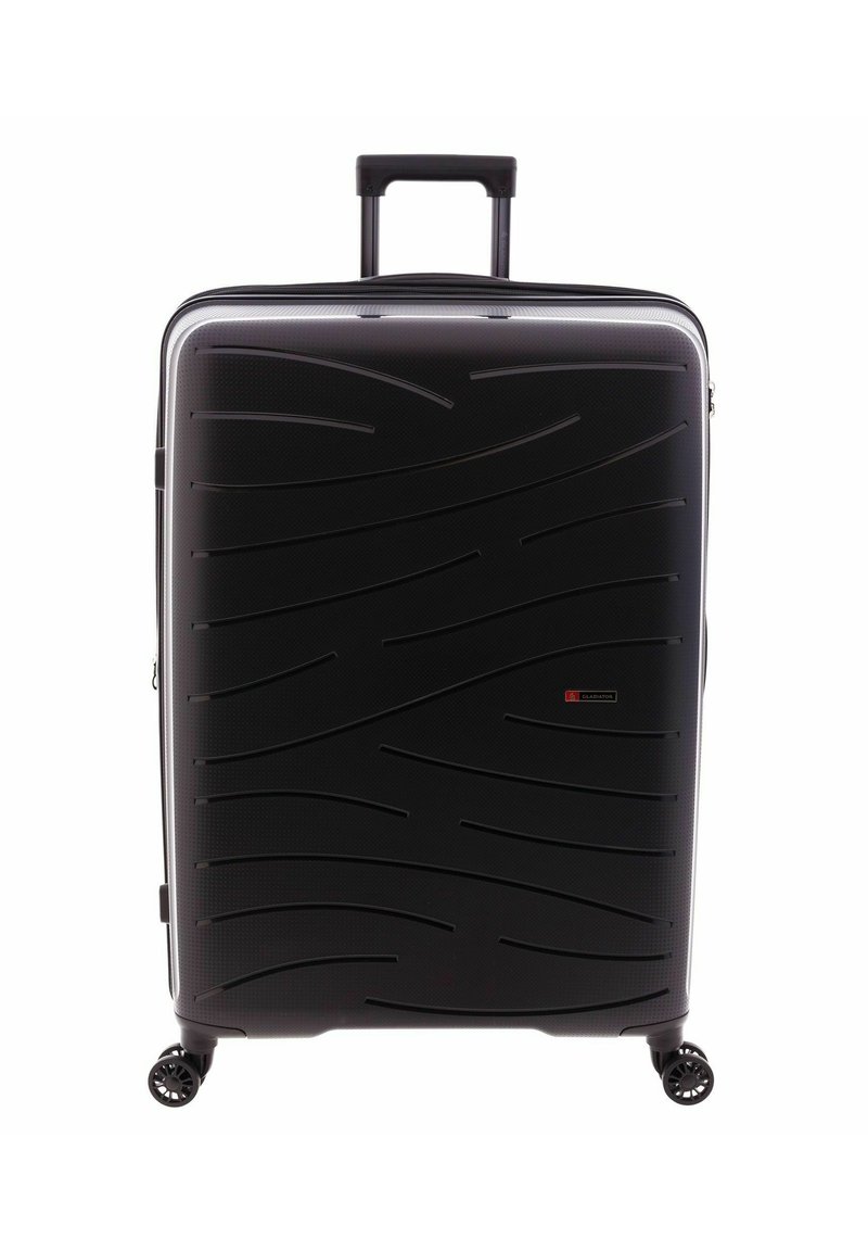 Maleta rígida negra con un patrón de olas texturizado, mango retráctil y cuatro ruedas multidireccionales para una fácil maniobrabilidad.