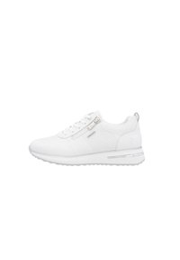 White athletic shoes featuring a mesh upper with perforations, flat laces, a side zipper, and a lightweight, cushioned sole.