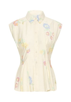 Kremfarvet kortærmet bluse med knapper og krave, dekoreret med pastelfarvede blomsterbroderier spredt over stoffet.