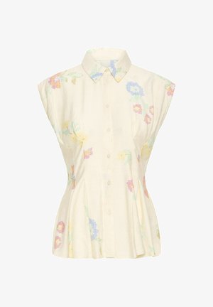 Kremfarvet kortærmet bluse med knapper og krave, dekoreret med pastelfarvede blomsterbroderier spredt over stoffet.
