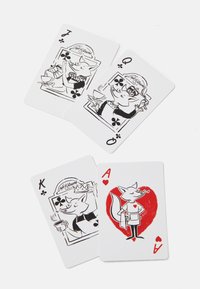 Four playing cards featuring cartoon foxes in black and white designs. Notable colors include red for the Ace of Hearts.