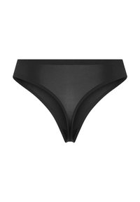 Czarne majtki w stylu bikini, wykonane z gładkiego, elastycznego materiału, z niskim stanem i minimalistycznym kształtowaniem. Brak widocznych szwów i wzorów.