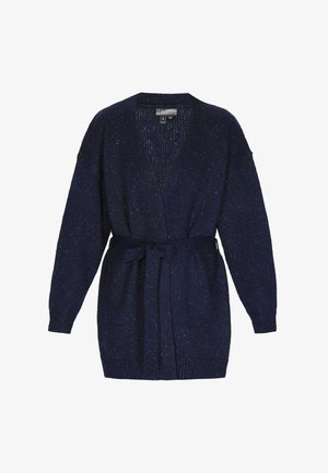 Cardigan tricotat bleu închis, cu mâneci lungi și curea la talie, având un tiv și manșete cu nervuri.