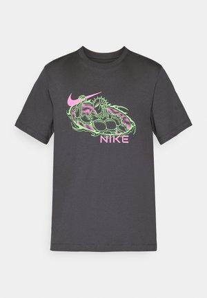 Dark gray cotton t-shirt featuring a vibrant pink and green graphic design, including the Nike logo and a detailed illustration.