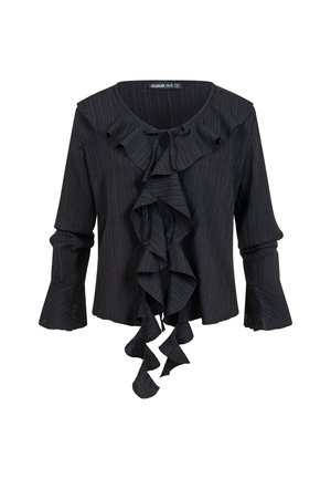 Czarna bluzka z długim rękawem z teksturowanej tkaniny, z falbankami z przodu i przy dekolcie oraz rozszerzanymi mankietami.