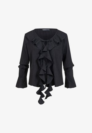 Czarna bluzka z długim rękawem z teksturowanej tkaniny, z falbankami z przodu i przy dekolcie oraz rozszerzanymi mankietami.