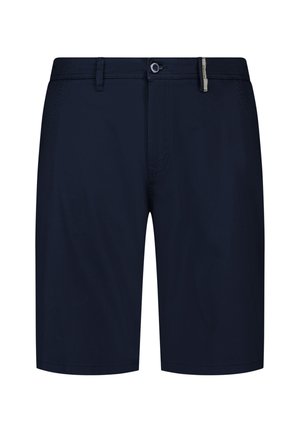 Navy blue men's shorts with front button and zip closure, belt loops, and a small beige fabric tag on the waistband.