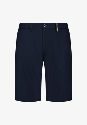 Donkerblauwe herenshorts met knoop- en ritssluiting aan de voorkant, lussen voor een riem en een klein beige stoffen label op de tailleband.