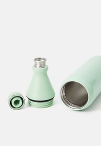 Mint green stainless steel water bottle with a conical shape, a removable top with an inner thread, and a smooth, glossy finish.