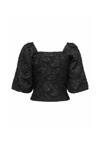 Haut noir court avec manches bouffantes trois-quarts. Tissu texturé à motif floral et encolure carrée.