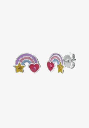 Boucles d'oreilles en argent ornées d'un design coloré en arc-en-ciel avec des arcs rose et bleu, accentués par une étoile jaune et un cœur rouge avec des rhinestones.