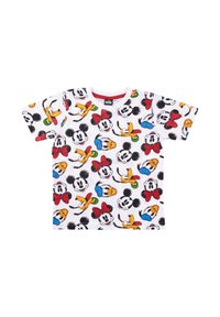Maglietta bianca con una stampa colorata di Topolino e amici in diverse pose. Maniche corte e scollatura rotonda. Tessuto morbido.