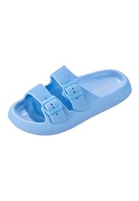 Blue rubber slide sandal featuring two adjustable straps with buckles, textured surface, and a raised sole with a smooth inner lining.