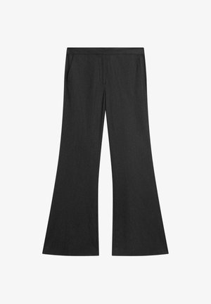 Black flared trousers with a ribbed texture, featuring a smooth waistband and two side pockets. The design emphasizes a relaxed silhouette.