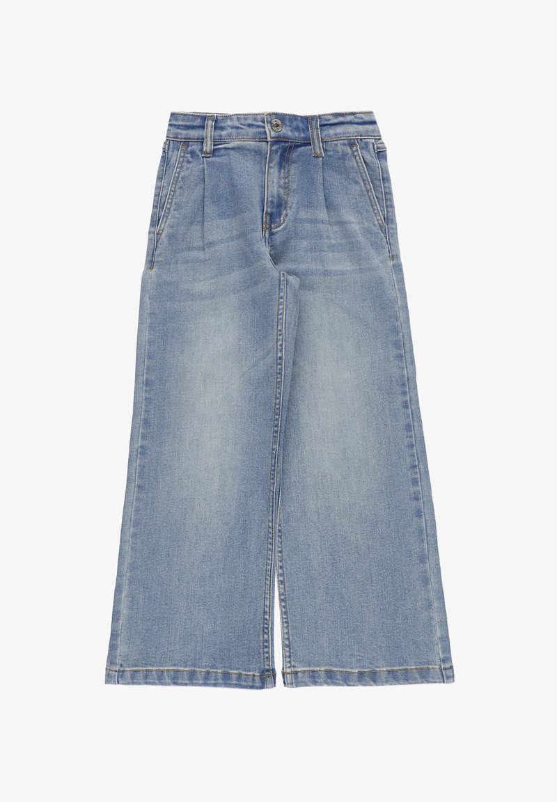 Jeans a gamba larga blu chiaro in denim. Presentano una vita alta, pieghe sul davanti e un orlo pulito senza decorazioni aggiuntive.