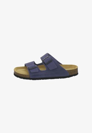 Blue suede slide sandal with two adjustable buckled straps, tan footbed, brown cork midsole, and black textured sole.